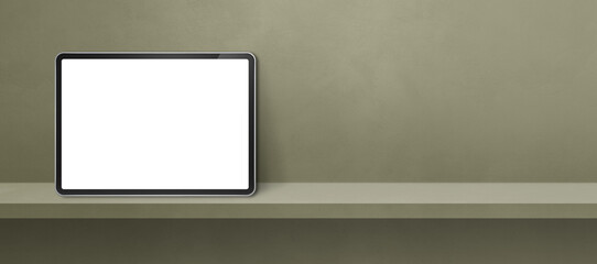 Digital tablet pc on green wall shelf. Background banner