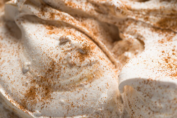 Frozen Cinnamon-honey flavour gelato - full frame detail. Close up of a white texture of Ice cream covered with brown cinnamon powder on the surface.