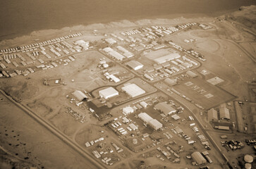 View from the airplane window of the mountains and sea resort of Egypt, Sharm El Sheikh.Flight from Kiev