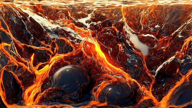 abstract liquid acrylic red paint and molten metal and lava on beautiful marble surface, 3d render, 3d illustration