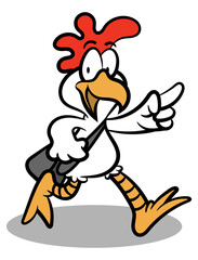 Cartoon illustration of Rooster wearing a bag and going to school, best for sticker, logo, and mascot with education themes for children