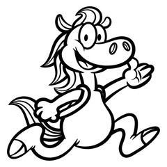 Cartoon illustration of Horse wearing a backpack and running to school, best for sticker, logo, and coloring book with educational themes for children