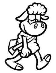 Cartoon illustration of Little Lamb wearing a bag and walking lazy to school, best for sticker, logo, and coloring book with educational themes for children