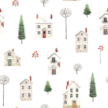 Winter Christmas seamless pattern with cute small houses, christmas trees and berries, watercolor illustration on white background for holiday wrapping paper, textile or wallpapers, hand painting city