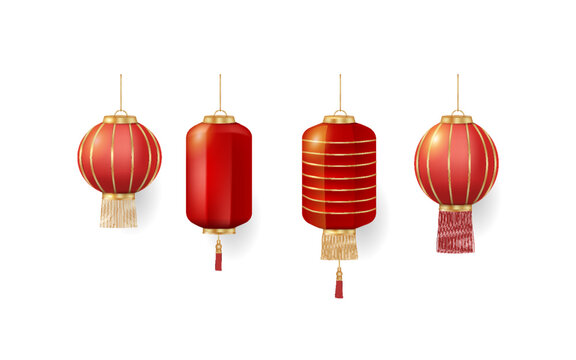 Set of hanging red Chinese lanterns isolated on white background. Traditional chinese lanterns are suitable for design of the Asian New Year, Mid autumn festival, other holidays