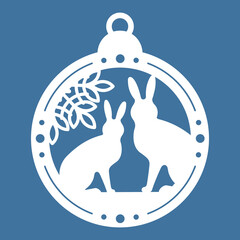 Temlate of laser cut Christmas ball with snowflakes and rabbits. Sample for a New Years card, invitation to a Christmas party. For printing, laser, paper or plotter cutting. Vector illustration.