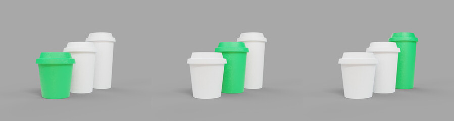Stylized coffee cups as icons for choosing the volume when placing an order. Small, medium and large cups of coffee. 3d rendering.