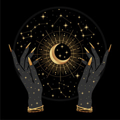 Black and gold boho crescent and elegant female hands. Mystical vector illustration isolated on black background. Esoteric artwork. Floral magic line art for card, logo, fabric print, tattoo.