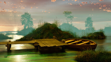 landscape with boat fishing background, beautiful evening, boat fishing bridge, sport fishing, 3d render