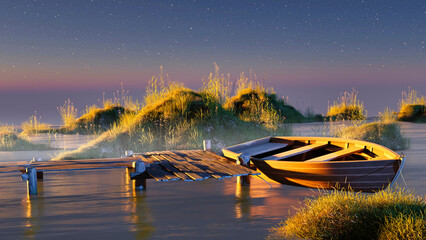 landscape with boat fishing background, beautiful evening, starry sky, boat fishing bridge, sport fishing, 3d render