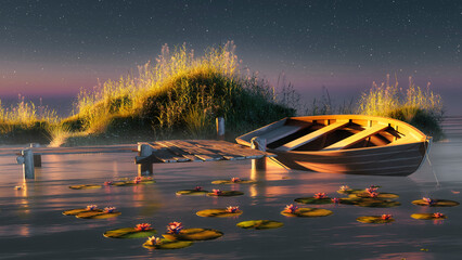 landscape with boat fishing background, water lilies bloom, beautiful evening, boat fishing bridge, sport fishing, 3d render