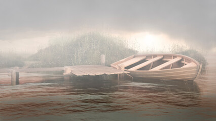 landscape with boat fishing background, foggy morning bridge boat fishing, sport fishing, 3d render