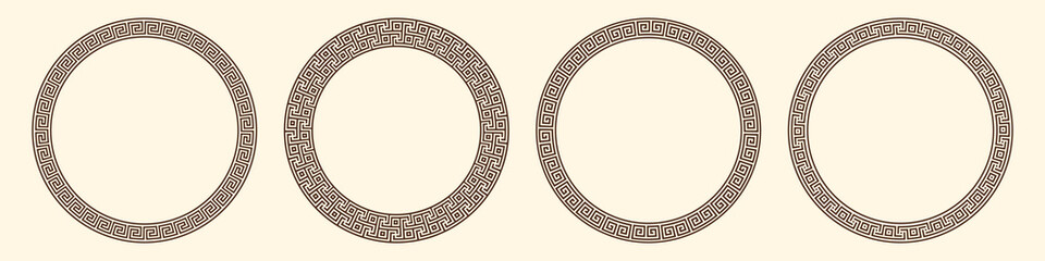 Greek key pattern, round frames collection. Decorative ancient meander, greece border ornament set with repeated geometric motif. Vector EPS10. - obrazy, fototapety, plakaty