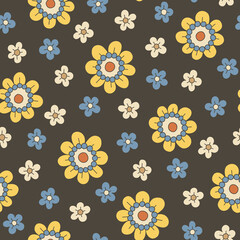 Colorful Medium Scale Hand-Drawn Floral Vector Seamless Pattern. Retro 70s Style Nostalgic Daisies. Fashion Textile Bold Background. Summer Resort Print. Flower Power