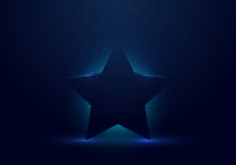 Obraz premium 3D blue star award with glowing light on dark stage background and dust splashing
