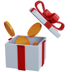 3d rendering open gift box with some coins isolated