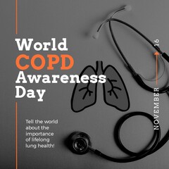 Composition of world copd awareness day text with stethoscope on grey background