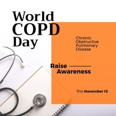 Composition of world copd awareness day text with stethoscope on orange background