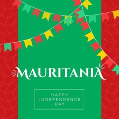 Composition of mauritania independence day text over red, yellow and green bunting and pattern