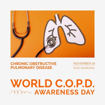 Composition of world copd awareness day text with stethoscope on orange background