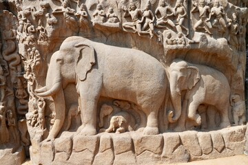 Bas relief rock cut sculptures of Elephant are carved in the monolithic granite rocks in...