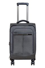 Gray suitcase with wheels on a white background