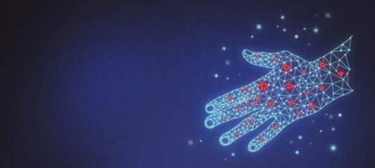 A neon hand with signs of monkey pox, chicken pox, or a skin rash. Pimples on the body. Treatment of religious and dermatological diseases. Medicine