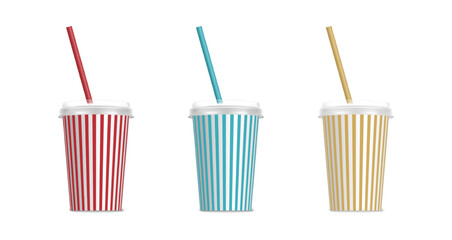 3d realistic vector icon. Plastic destosable colorful set of cups with straws. Isolated on white background.