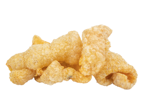 Fried pork rinds, pork snack, pork scratching and pork crackling isolated on white background
