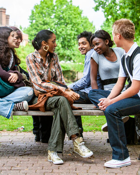 Teenage Students, good friends. A group of 6 diverse school friends chatting during a break from their studies. From a series of related images.