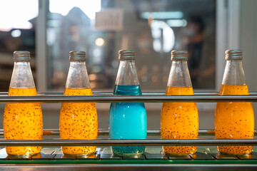 Fruit juice bottles on conveyor belt in production line of food and beverage factory industry