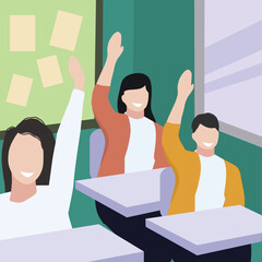 Creative Vector illustration drawing of A group of high school students sitting in class vying to raise their hands to answer the teacher's question. Modern Design Illustration
