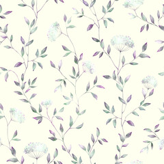 Vintage faded floral seamless pattern on pastel yellow, cream colored background. Pastel color flowers, leaves botanical repeat print. Retro elegant design.