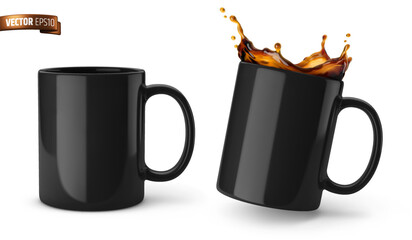 Vector realistic illustration of black ceramic coffee mugs on a white background.