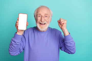 Photo of funny delighted person raise fist celebrate achievement empty space phone screen isolated...