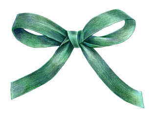 Green bow isolated on white background drawing in color pencils.