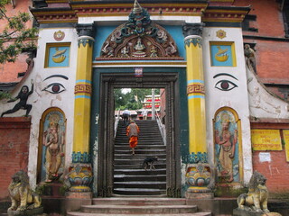 Kathmandu, Nepal, August 19, 2011: Decorated entrance gate near the Pashupatinath temple along the...