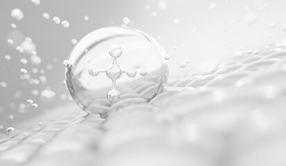 Molecule in side collagen bubble and Vitamin illustration isolated on soft color background. concept skin care cosmetics solution. 3d rendering. - obrazy, fototapety, plakaty