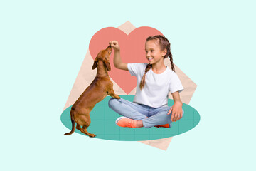 Artwork magazine picture of happy smiling girl playing her little friend isolated drawing background