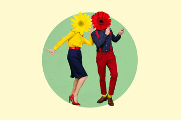 Photo artwork minimal picture of happy funny couple flowers instead of heads isolated drawing background