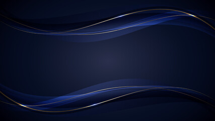 Banner web template abstract blue and golden wave curved lines overlapping layer design on dark blue background luxury style
