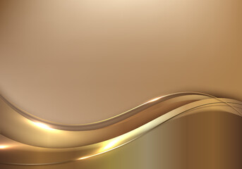 Abstract template 3D elegant golden wave shape with shiny gold line sparkling lighting on gold background luxury style