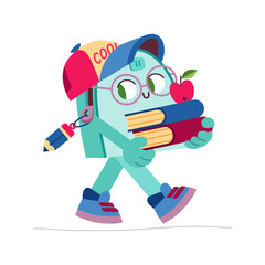 Vector backpack character with 1 September and school theme. Cute blue backpack student walking to school. Backpack, books, apple, pencil.