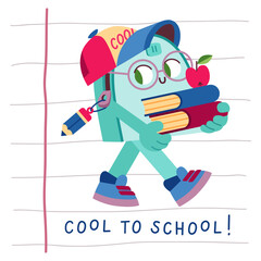 Vector backpack character with 1 September and school theme. Cute blue backpack student walking to school. Backpack, books, apple, pencil. Cool to school handwritten lettering.