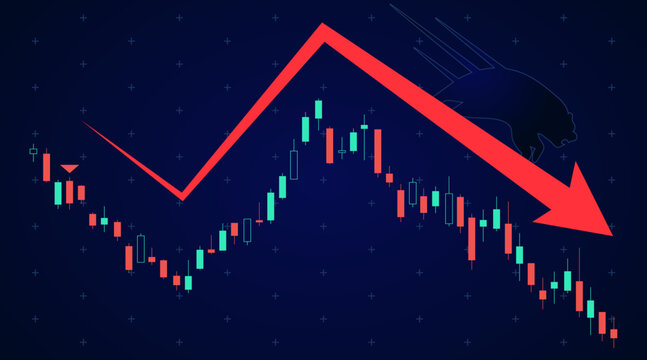 Big arrow hidden bear pulling down, financial stock market chart candle stick bar diagram forecast analysis.