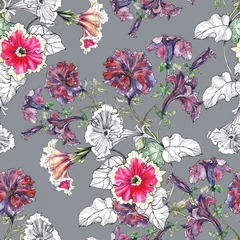 Behang Seamless pattern with watercolor flowers petunia and graphic flowers petunia. © Olga Kleshchenko