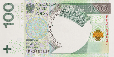 100 polish zloty banknote with empty middle area - obrazy, fototapety, plakaty