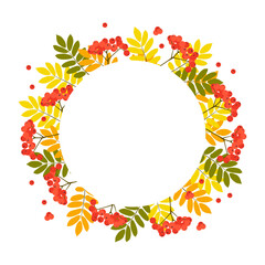 Autumn background with rowan leaves and berries. White circle of paper on an autumn background for your information.