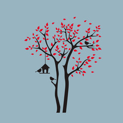 Silhouette autumn tree with birds