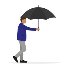 Male character holding an opened umbrella in his hand on a white background